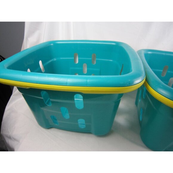 Rubbermaid Vintage 90's Teal / Yellow Square Plastic Tote / Basket - Lot of 2 - Picture 2 of 10